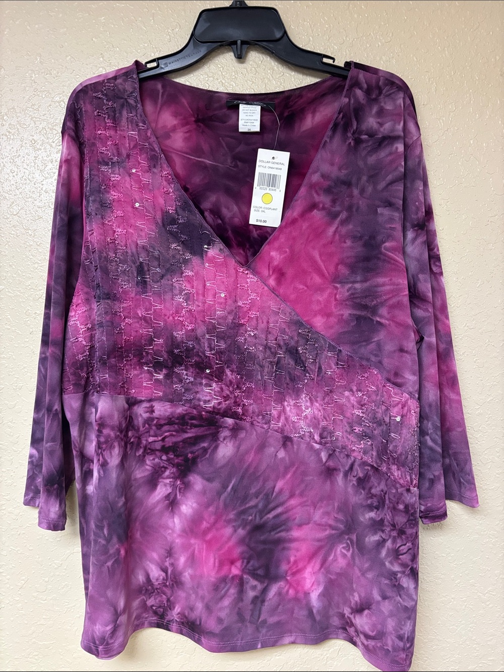 Tie-Dye Purple V-Neck Women's Blouse with Textured Panel